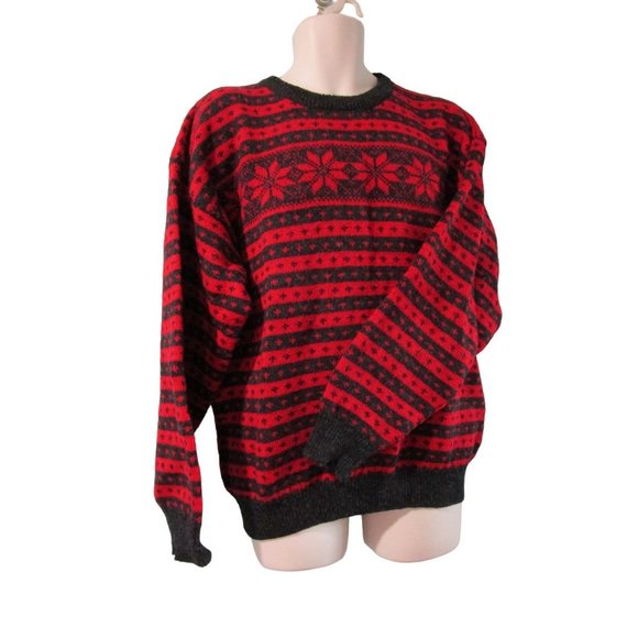 Bouviac Norway Fair Isle Oversize Unisex Sweater Medium EUC Wool Red Charcoal - Picture 5 of 16